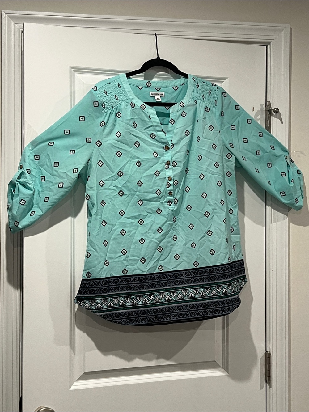 croft & barrow Mint Geometric-Print Split-Neck Tunic 3/4 sleeve stretch